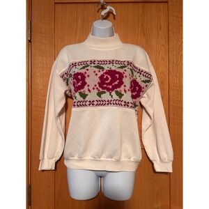 Vintage 80s Justin Allen Cream Rose Floral Knit Panel Mock Neck Sweatshirt Sz M